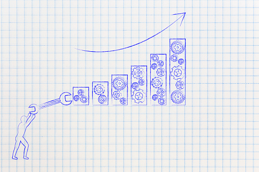 person with wrench fixing bars from a business growth graph, concept of taking better entrepreneurial choices