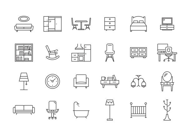 ilustrações de stock, clip art, desenhos animados e ícones de furniture line icon set - secretária mobília ilustrações