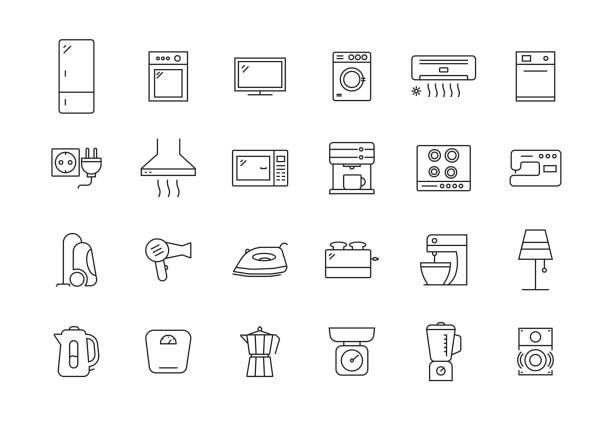 illustrazioni stock, clip art, cartoni animati e icone di tendenza di set di icone della linea domestica - frigorifero