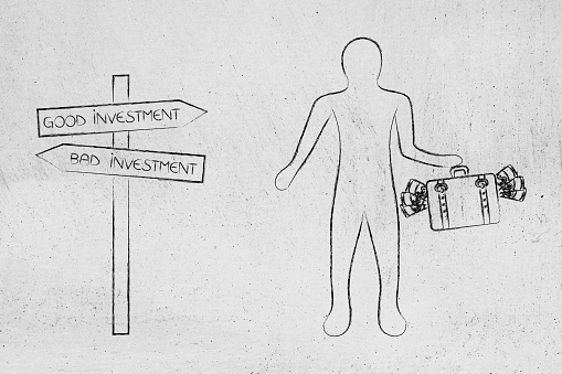 road sign with good and bad investment directions and man standing with bag of cash, concept of making the best business choices