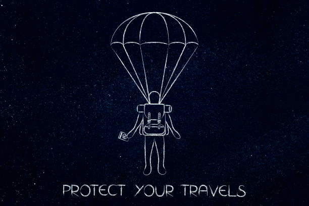 istock traveller with backpack on a parachute, protect your travels 1014779566
