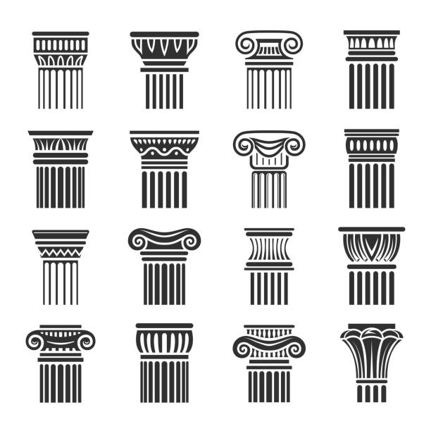 ilustrações de stock, clip art, desenhos animados e ícones de vector set of antique ornamental column icons in black and white colors. flat exquisite design. - column roman vector architecture