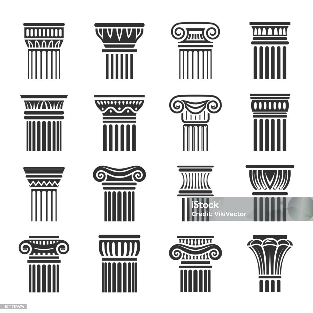 Vector set of antique ornamental column icons in black and white colors. Flat exquisite design. Vector set of antique ornamental column icons in black and white colors. Flat exquisite design. Columns or pillars are decorated in classic greek or roman architectural style. Set consists of 16 icons Architectural Column stock vector