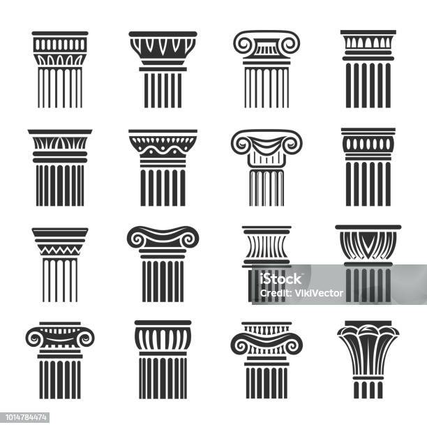Vector Set Of Antique Ornamental Column Icons In Black And White Colors Flat Exquisite Design Stock Illustration - Download Image Now