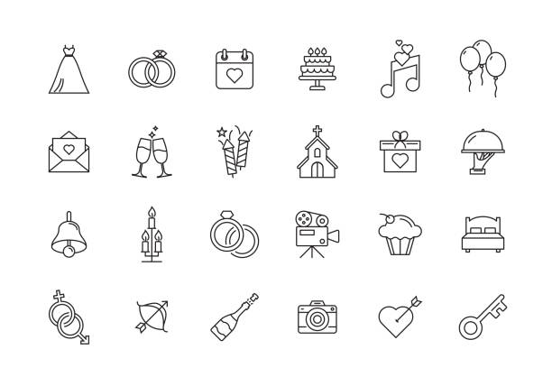 ilustrações de stock, clip art, desenhos animados e ícones de wedding line icon set - church wedding