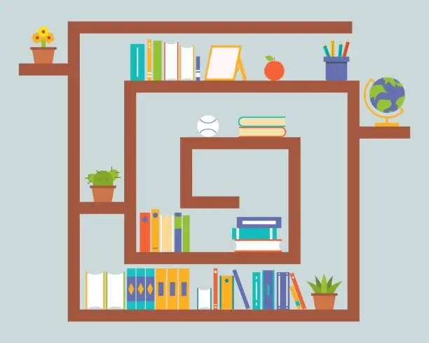 Vector illustration of Book shelf and stationary, flat design back to school theme