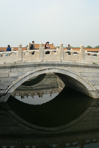 Chinese tourists cross a bridge over water in the Forbidden City, Beijing