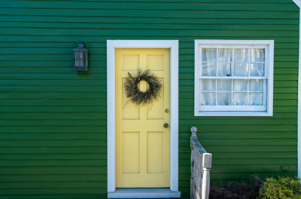 Closed white door on green wall background