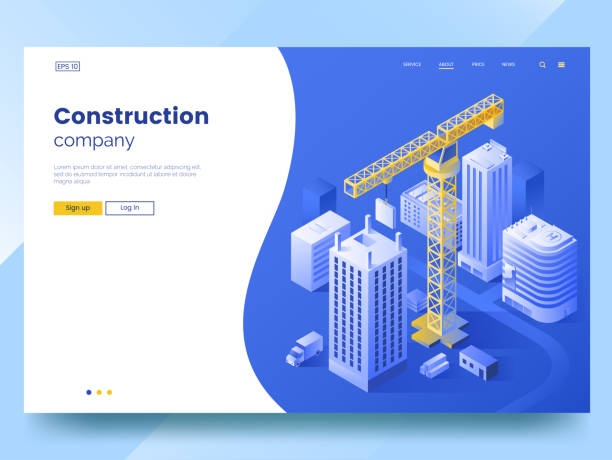 szablon strony docelowej firmy budowlanej. izometryczna ilustracja budowy miasta. żuraw wieżowy i wieżowce. nowoczesny projekt interfejsu strony internetowej. wektor eps 10 - blue construction construction site crane stock illustrations