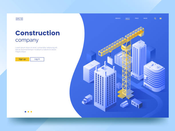 Construction company landing page template. Isometric Illustration of construction of the city. Tower crane and high-rise buildings. Modern web page interface design. Vector eps 10 Construction company landing page template. Isometric Illustration of construction of the city. Tower crane and high-rise buildings. Modern web page interface design. Vector eps 10 building contractor illustrations stock illustrations