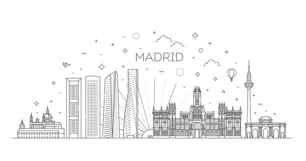 Madrid skyline, Spain Banner of Madrid city skyline in flat line trendy style. Madrid city line art madrid city view stock illustrations