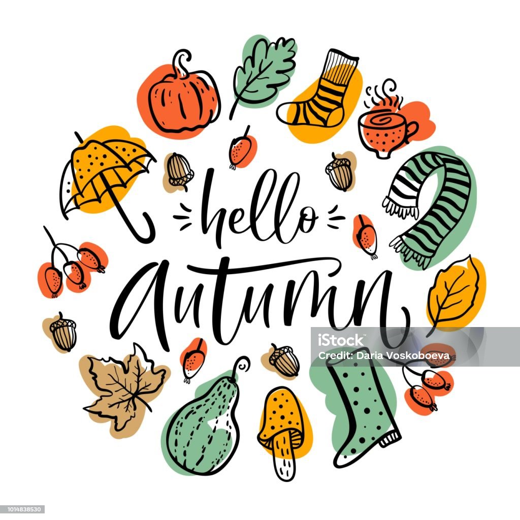 Autumn set, hand drawn elements- calligraphy, pumpkin, leaves, boots and others. Vector illustration. Autumn stock vector