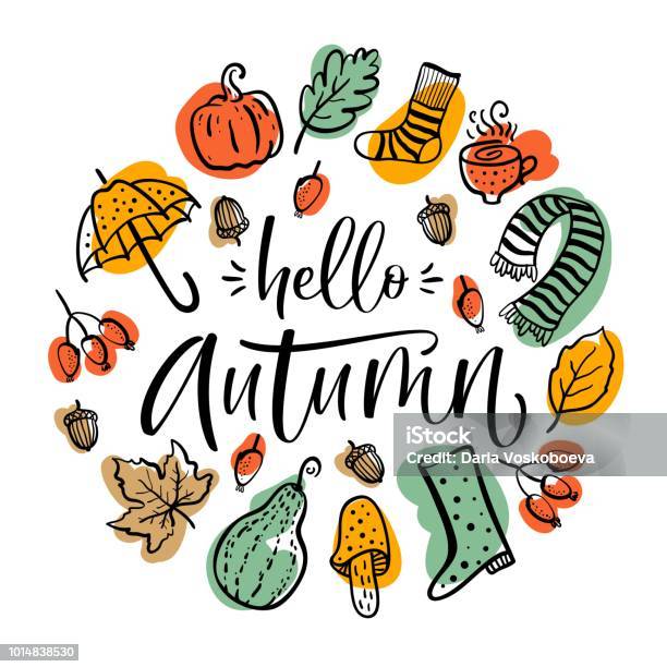 Autumn Set Hand Drawn Elements Calligraphy Pumpkin Leaves Boots And Others Vector Illustration Stock Illustration - Download Image Now