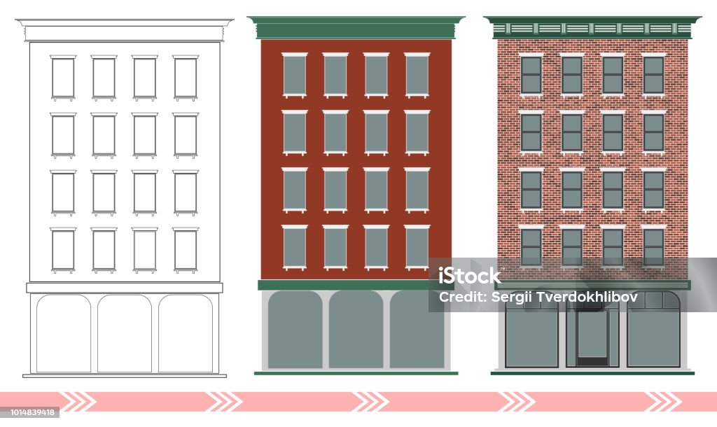 A classic American brick multi-storey house. Stages of designing and building a classical building. A classic American brick multi-storey house. Stages of designing and building a classical building.. Expensive real estate. Downtown. Brick stock vector