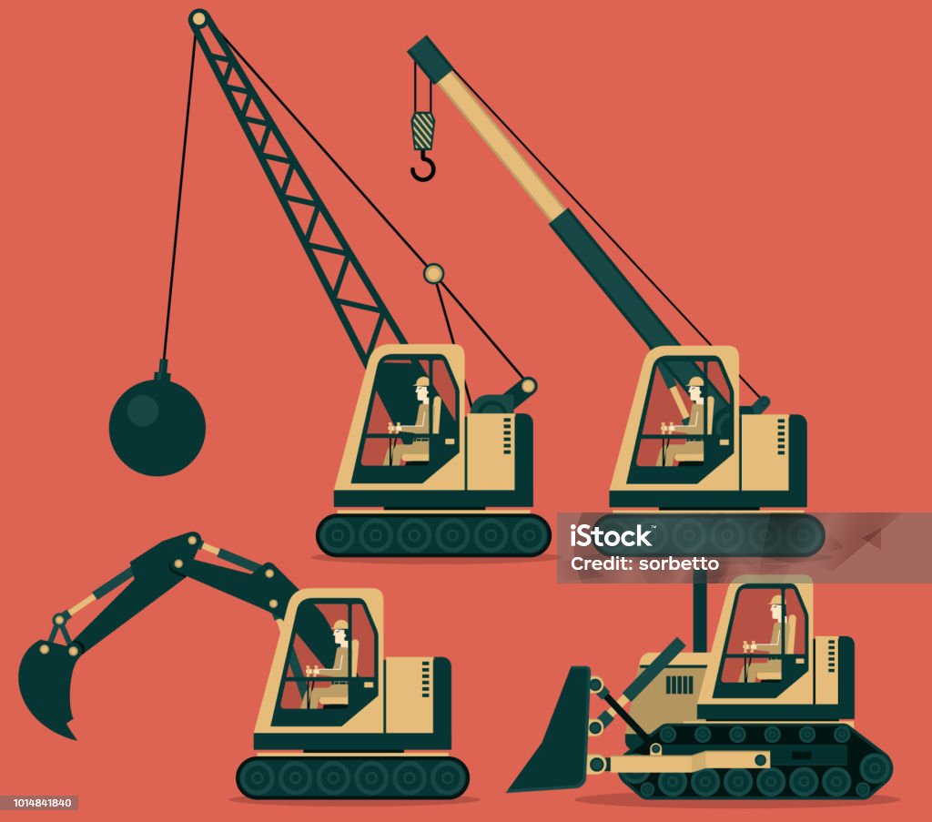 Construction Machinery Construction Vehicles Transportation and Worker Set Wrecking Ball stock vector