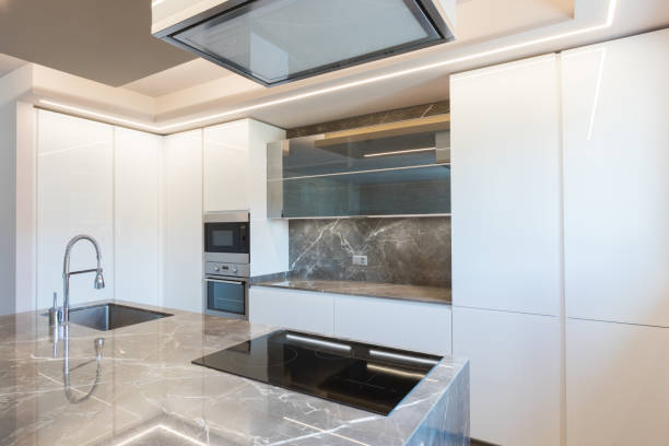 istock Interior of modern luxury apartment, empty attic, kitchen open space 1014848122