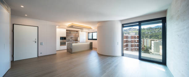 istock Interior of modern luxury apartment, empty attic, kitchen open space 1014848306