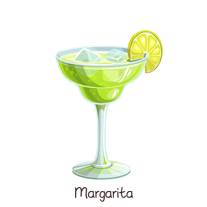 Vector glass of margarita cocktail with lime slice isolated on white. Color illustration summer alcohol drink.