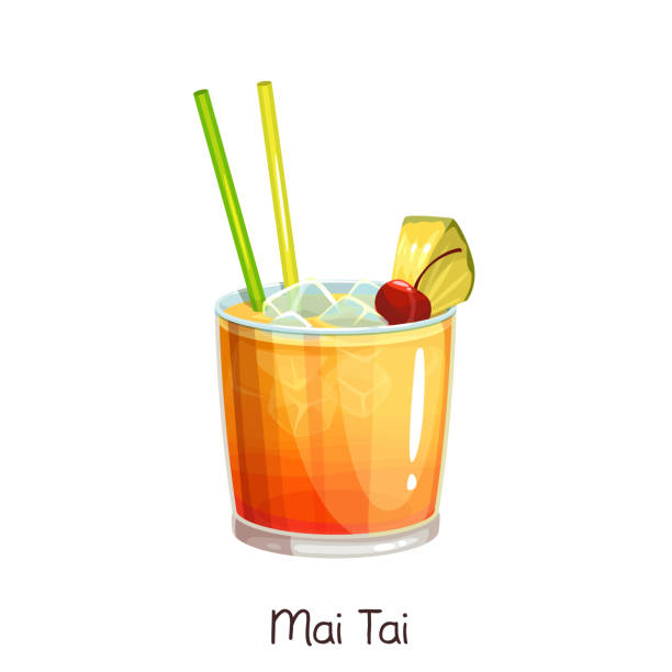 may tai cocktail Vector glass of mai tai cocktail with slice pineapple and cherry isolated on white. Color illustration summer alcohol drink. mai tai hawaii stock illustrations