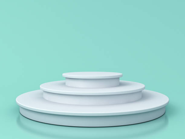 istock Blank white podium isolated on blue green pastel color background with reflections and shadows 3D rendering 1014851516
