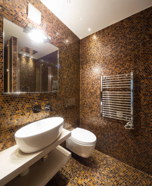 современная ванная комната квартиры с тонкой отделкой - loft apartment bathroom mosaic tile стоковые фото и изображения