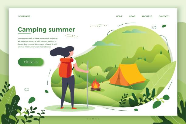 illustrations, cliparts, dessins animés et icônes de illustration vectorielle - fille touristique regarder camp - camp hill