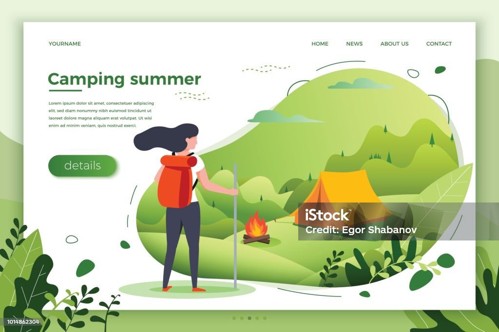 Vector illustration -  tourist girl look on camp Vector illustration -  tourist girl looking on camping place with bonfire. Forests, trees and hills on green background. Banner, site, poster template with place for your text. Camping stock vector