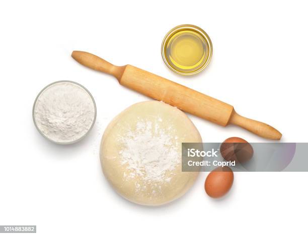Dough And Baking Ingredients Stock Photo - Download Image Now - Dough, Flour, White Background
