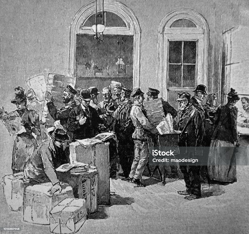 Scene from the preparations for the daily newspaper's colportation - 1895 Journalist stock illustration