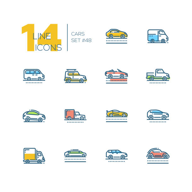 Cars - set of line design style colorful icons Cars - set of line design style colorful icons, pictograms isolated on white background. Sedan, minivan, minibus, cabriolet, box van, pickup, jeep, crossover, hatchback, sport, truck, wagon, limousine, retro ford truck black stock illustrations