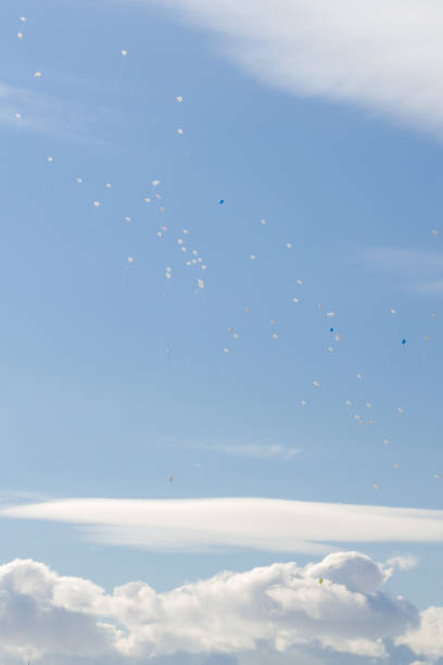 istock Colorful balloons fly in the blue spring sky with white clouds 1014911764