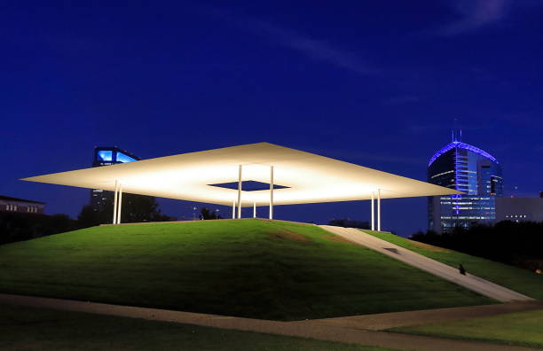 Empty modern pedestrian walkway with blue light.