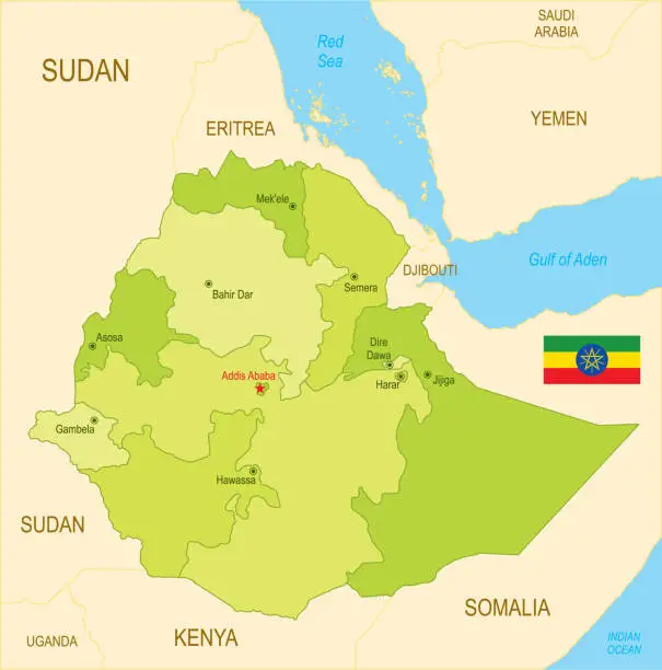Vector illustration of Flat map of Ethiopia with flag