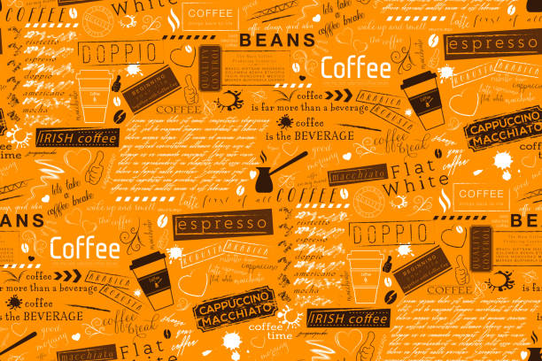 コーヒーとカフェ用語の背景のテキスト文字。シームレスなベクトル パターンとテクスチャ - hot drink tea black tea red点のイラスト素材／クリップアート素材／マンガ素材／アイコン素材
