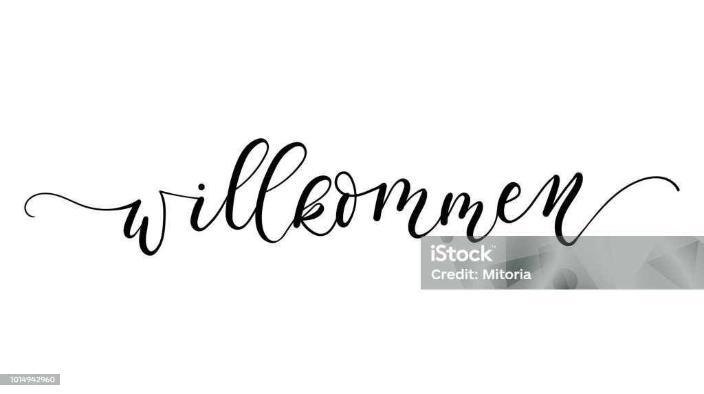 Willkommen inscription meaning welcome in German. Vector poster. Calligraphy isolated on white background. Print for poster, card. Welcome Sign stock vector