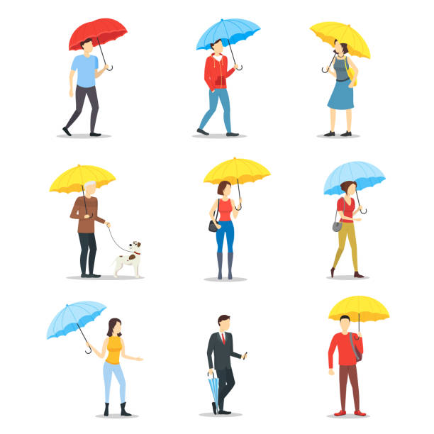 ilustrações de stock, clip art, desenhos animados e ícones de cartoon characters people holding umbrella set. vector - rain women umbrella parasol