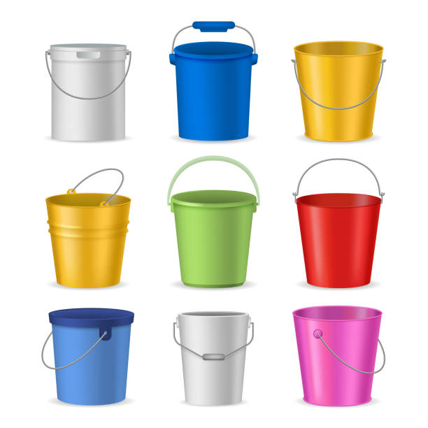 Realistic Detailed 3d Color Buckets Set. Vector Realistic Detailed 3d Color Empty Plastic or Metal Buckets Set Pail and Handle. Vector illustration of Bucket a bucket stock illustrations