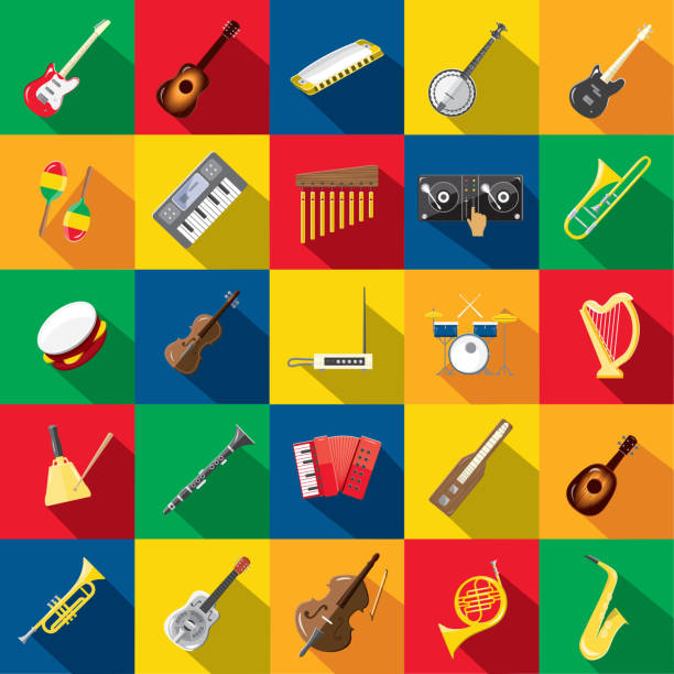 Musical Instrument Flat Design set themed Icon Set with shadow Vector illustration of a Musical instrument Design themed Icon Set with shadow. Vector eps 10, fully editable. accordion instrument stock illustrations
