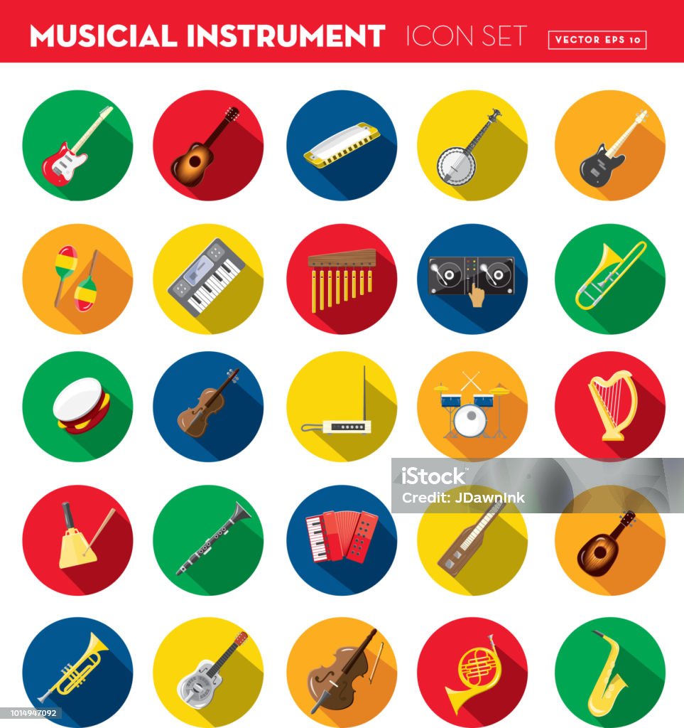 Musical Instrument Flat Design set themed Icon Set with shadow Vector illustration of a Musical instrument Design themed Icon Set with shadow. Vector eps 10, fully editable. Icon Symbol stock vector
