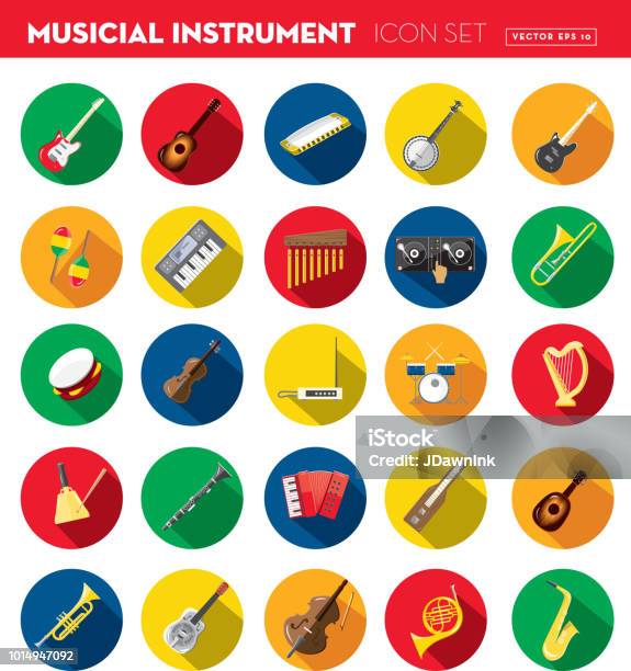 Musical Instrument Flat Design Set Themed Icon Set With Shadow Stock Illustration - Download Image Now