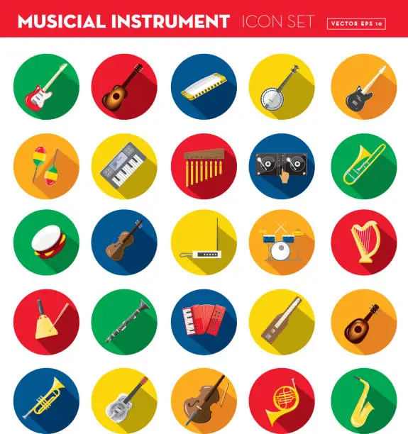 Vector illustration of Musical Instrument Flat Design set themed Icon Set with shadow