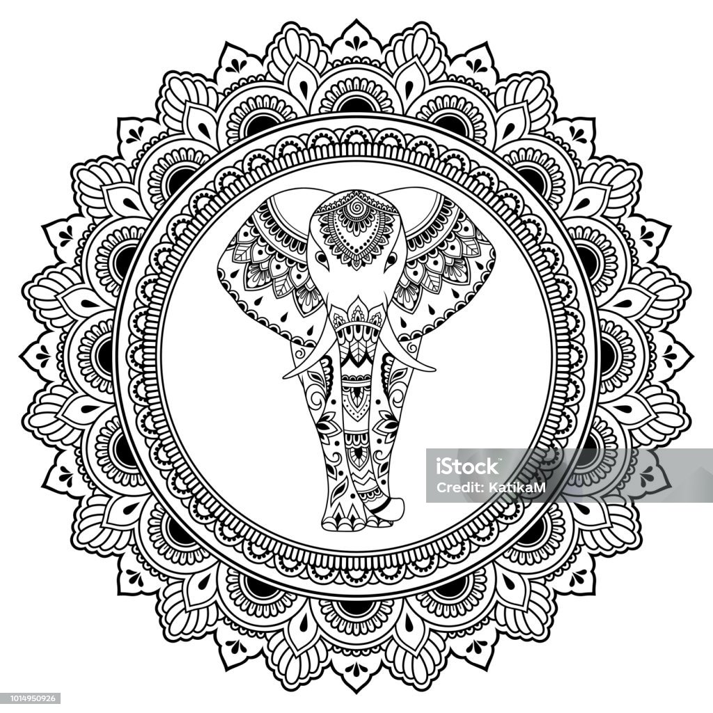 African Elephant In Mandala Decorated With Indian Ethnic Floral Vintage  Pattern Hand Drawn Decorative Animal In Doodle Style Stylized Mehndi  Ornament For Tattoo Print Cover And Coloring Page Stock Illustration -  Download