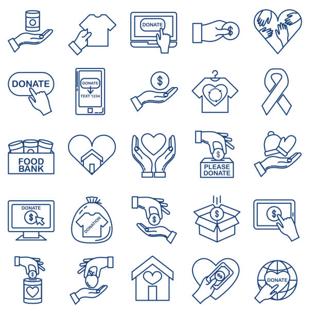 Charity And Donation Thin Line Icon Set Icon in thin line flat design style for charity and donation concept food bank vector stock illustrations