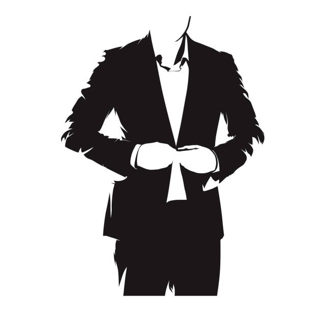 Businessman buttoning his suit, formal dress. Isolated vector silhouette. Elegant people Businessman buttoning his suit, formal dress. Isolated vector silhouette. Elegant people 'formal dress' stock illustrations