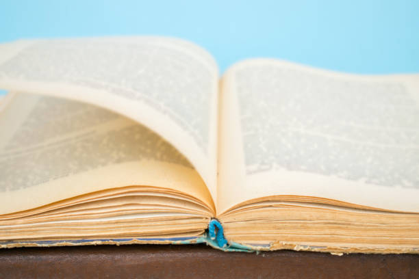 istock Close up opened vintage book page with blurry text for education and publication concept. Focus on book binding 1014974304