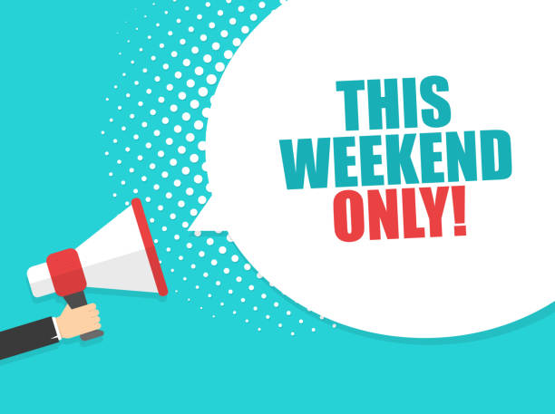 istock Male hand holding megaphone with This weekend only! speech bubble. Loudspeaker. Banner for business, marketing and advertising. Vector illustration. 1014980128