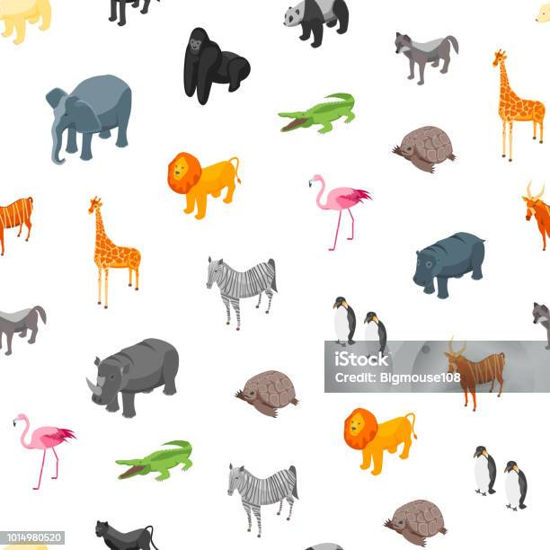 Wild Animals Seamless Pattern Background Isometric View Vector Stock Illustration - Download Image Now