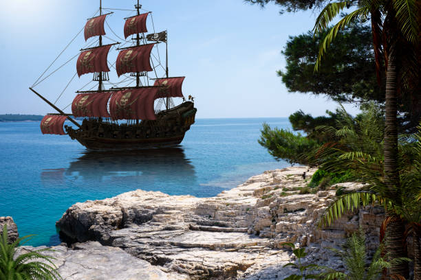 Vintage Pirate Ship to go Anchor Vintage pirate ship to go anchor in a natural Caribbean harbor to seek refuge from British warships, photo with 3d render illustration elements pirate criminal stock pictures, royalty-free photos & images