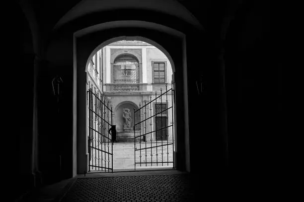 Photo of Gates at Belvedere in Hradcany, Prague, Czech Republic. Black and white