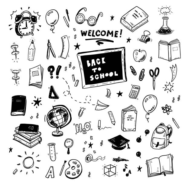 Web Back to school doodles set, hand drawn education icons collection ruler illustrations stock illustrations